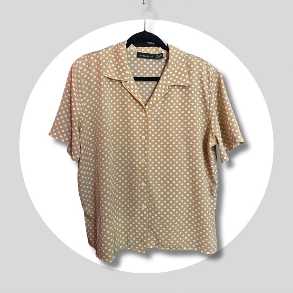 Impressions Polka Dot Button Up Cream Top